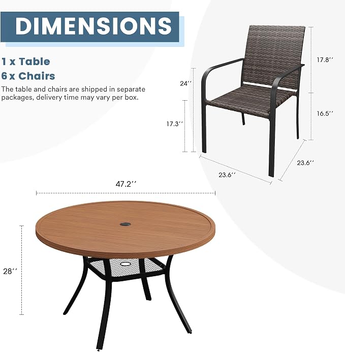 DIFY 7 Piece Outdoor Dining Set, Patio Table and Chairs Set for 6 with Umbrella Hole, 47.2" Walnut Round Dining Table & Stackable Wicker Patio Chairs, Metal Patio Furniture Set for Garden Backyard