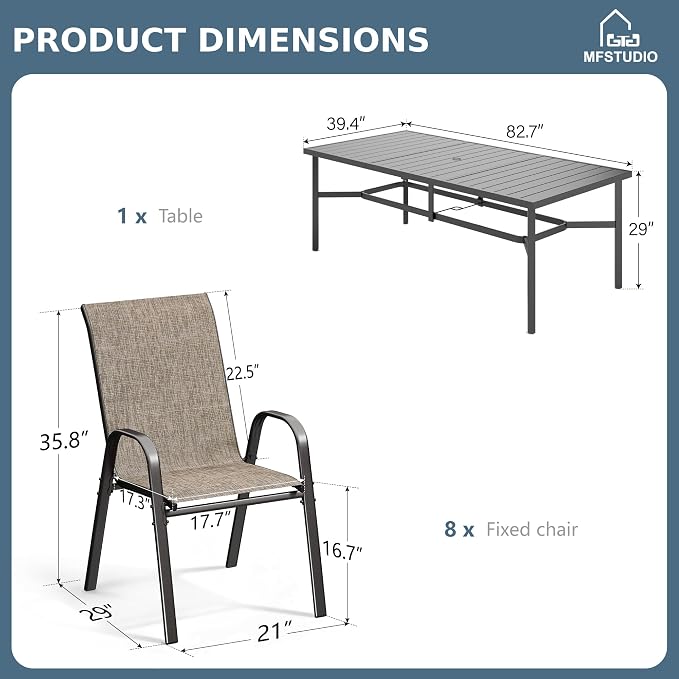 MFSTUDIO Patio Dining Set for 8, Outdoor Table and Chairs Set for Deck Yard Garden, 9 Piece Patio Furniture Dining Set with Stackable Chairs