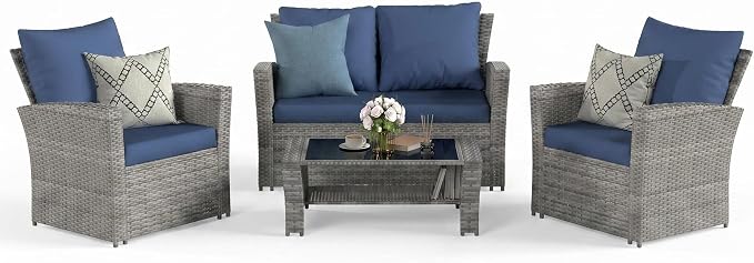 UDPATIO Patio Furniture Set, Outdoor Furniture Sets with Loveseats Sofa, Wicker Rattan Outdoor Conversation Set with Storage CoffeeTable for Backyard, Deck, Porch, Grey/Navy