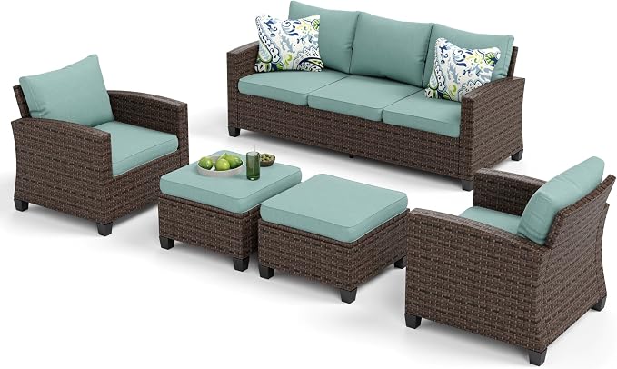 MIXPATIO Patio Furniture Set, 5 Pcs Wicker Rattan Outdoor Conversation Set, 2 x Leg Chairs, 1 x 3 Seater Sofa and 2 x Ottoman with 4" Thick Cushion for Garden Backyard Deck, Blue