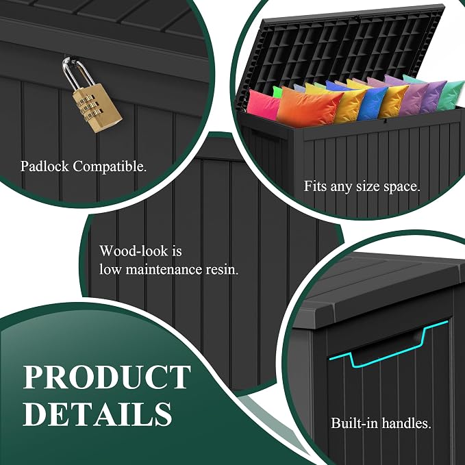 Resin Deck Box, Lockable Patio Outdoor Storage Box for Furniture, Garden Tools and Tools Storage, Waterproof Outside Storage Boxes (Black, 230 Gallon)