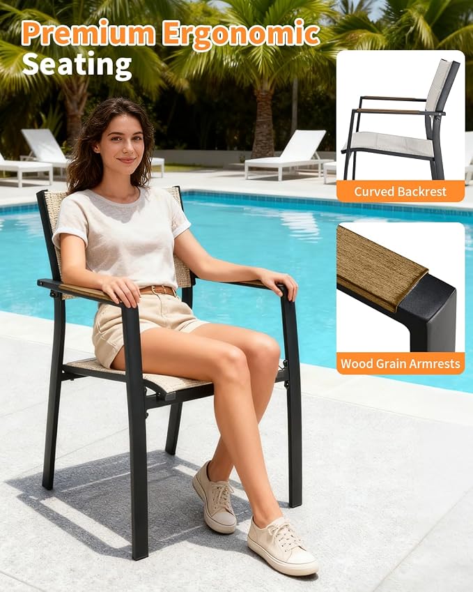 Expandable Outdoor Dining Set for 8, Never-Rust Aluminum Patio Swivel Dining Set, 38"-77" Extendable Outdoor Dining Table and 6 Double-Layer Textilene Stackable Patio Chairs for Porch, Teak