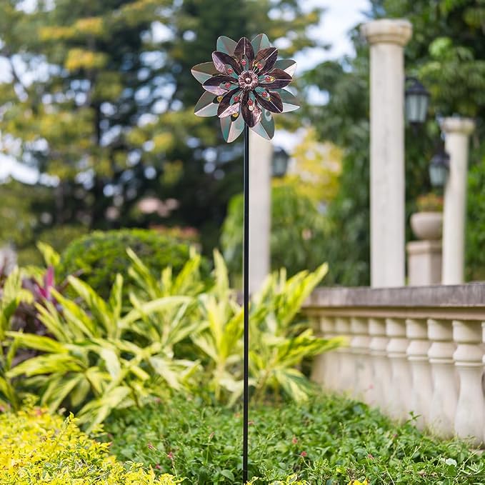 VEWOGARDEN Wind Spinners Outdoor with 2 Blades, Metal Kinetic Wind Spinner with Flower Design for Yard Garden Lawn Decorations