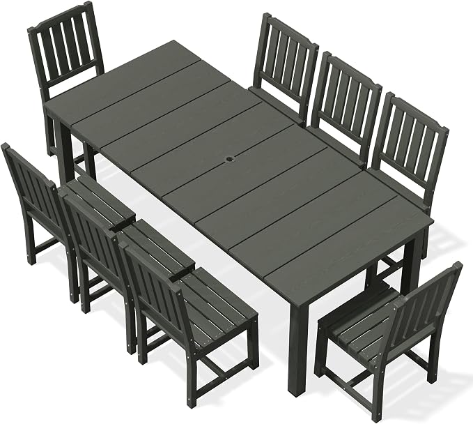 AreShark 9-Piece Outdoor Dining Set,HDPE Patio Table with 8 Armless Chairs,All-Weather Patio Furniture Set with Umbrella Hole,Low Maintenance Wood Grain Dining Set for Backyard,Garden,Poolside,Black