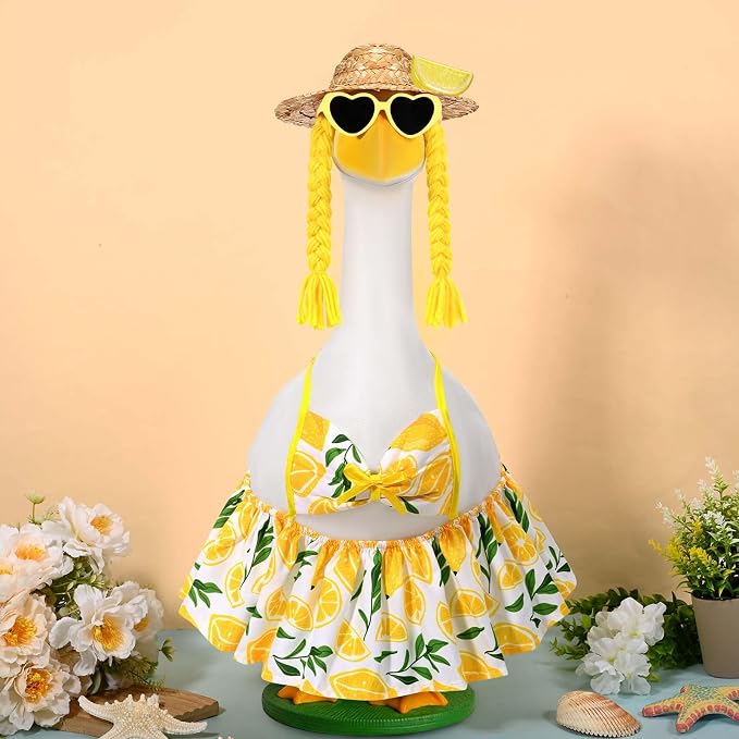 JcHrmers Bikini Goose Outfit Summer Lemon Porch Goose Outfits Hawaiian Lawn Goose Clothes Fits 23" Cement Plastic Goose Statue for Summer Outdoor Garden Yard Patio Art Decor