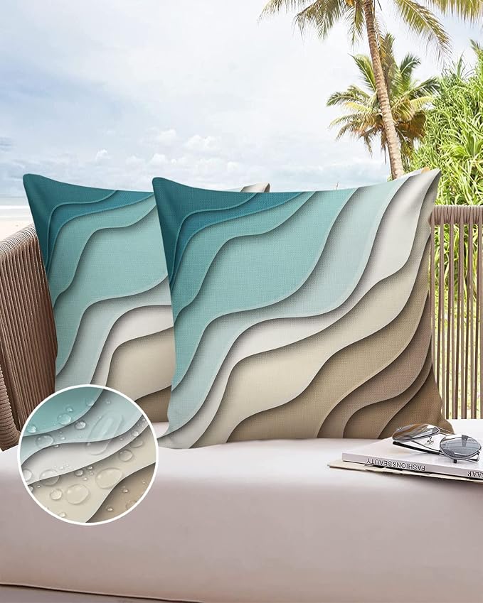 Modern Geometric Outdoor Waterproof Pillow Covers for Patio Furniture Decorative Throw Pillow Cover Teal Blue Brown Abstract Ocean Wave Pillowcases Set of 2 Cushion Case for Sofa Couch 18 x 18 Inches