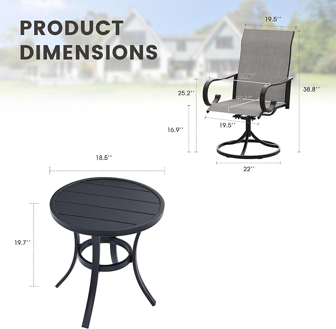 3 Pieces Patio Dining Set, 2 Outdoor Swivel Dining Chairs with 18.5" Round Outdoor Dining Table, All Weather Textilene Patio Chairs and Metal Table for Garden Backyard, Grey & Black