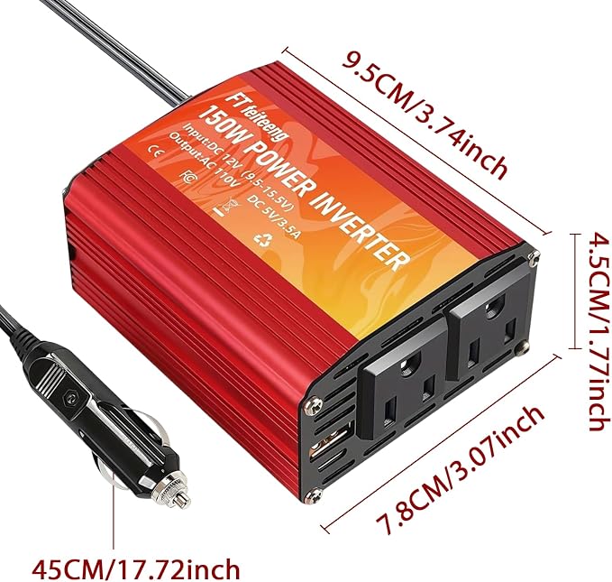 150W Power Inverter 12V DC to 110V AC Car Plug in Adapter Outlet with 2 AC Outlets, Type-C, USB Port Cigarette Lighter Adapter for Phone, Laptop and Small Devices on Road Trip
