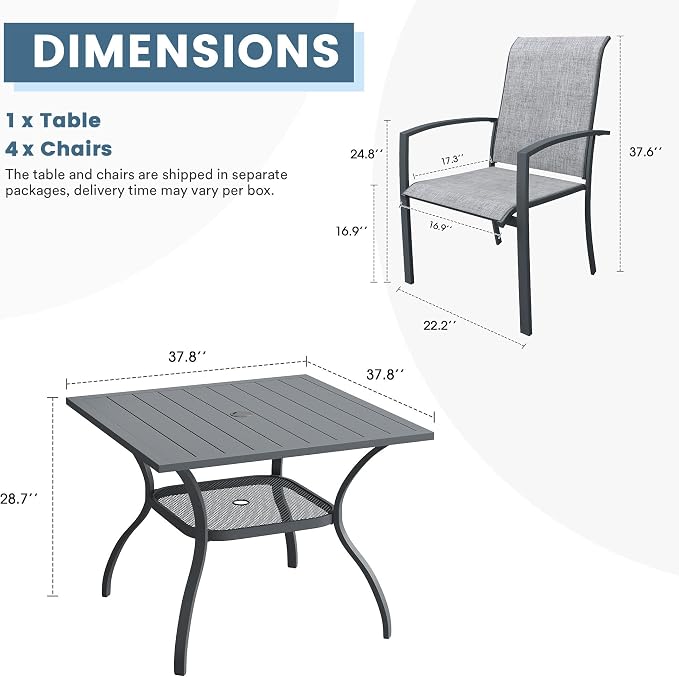 DIFY 5 Pieces Outdoor Dining Set, Metal Patio Table and Chairs Set for 4 with Umbrella Hole, 37.8" Square Dining Table and Textilene Stackable Patio Chairs for Garden Backyard Poolside, Grey