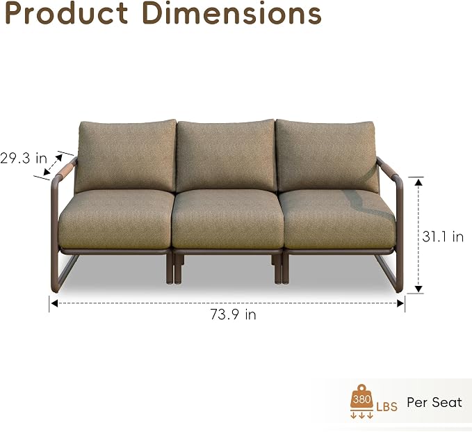 3-Seat Outdoor Patio Sofa with Cushions, Aluminum Deep Seating Couch for Backyard, Deck, Garden – Conversation & Relaxation Outdoor Furniture, Brown