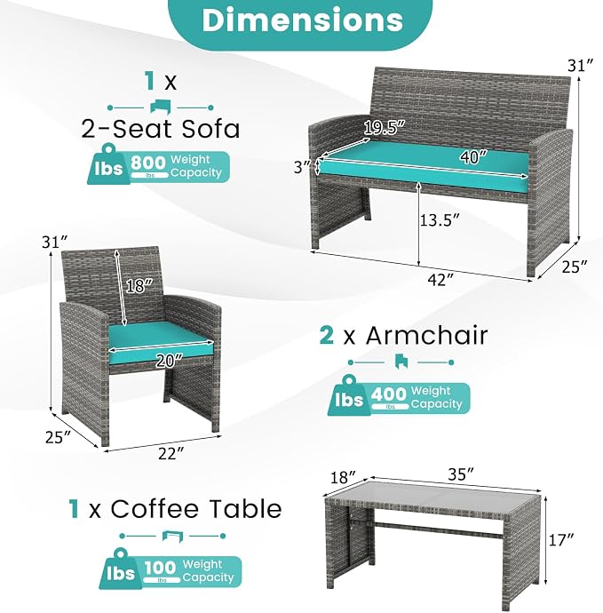 Tangkula 8 Piece Patio Wicker Furniture Set, Outdoor Heavy Duty Rattan Cushioned Chairs, Loveseat and Tempered Glass Coffee Table, for Backyard, Balcony, Poolside