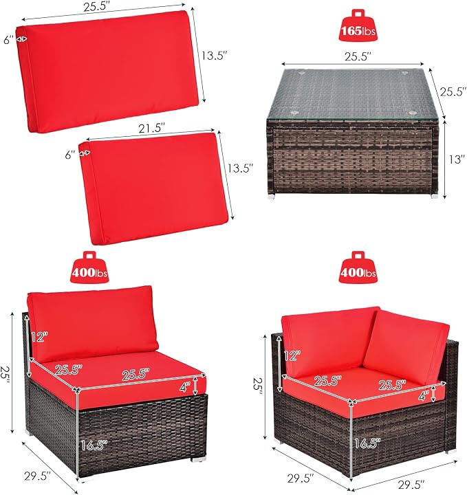 HAPPYGRILL 6 Pieces Outdoor Patio Furniture Set, PE Rattan Conversation Set with Tempered Glass Coffee Table and Cozy Cushions, Weather Resistant Sectional Sofa Set, Red
