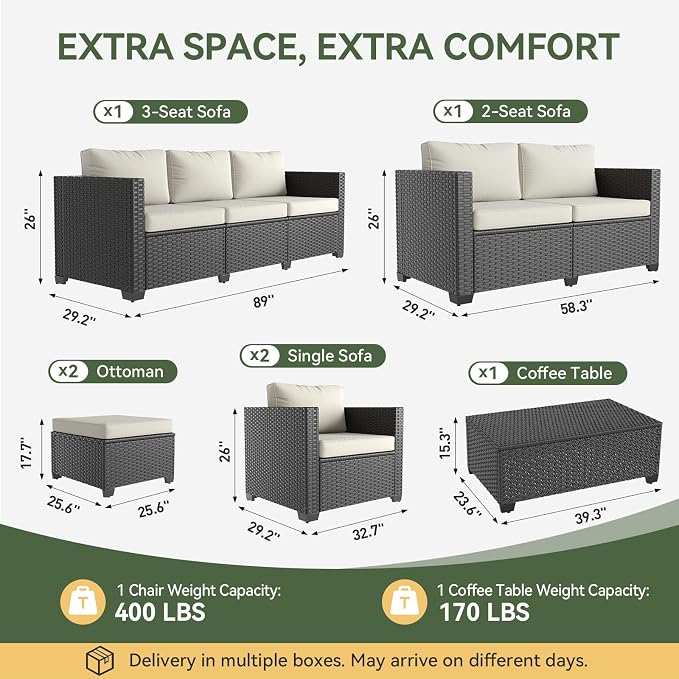 Aoxun 10 Piece Outdoor Patio Furniture Set 9 Seats, Outdoor Sectional with Thick Waterproof Cushions, Patio Conversation Sets for Garden,Backyard, Porch, Balcony, Black & Beige