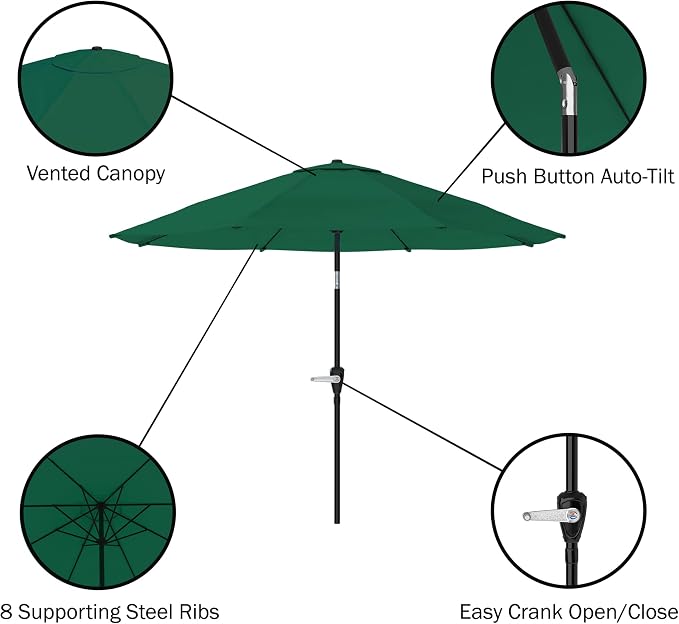 Alaterre Furniture Okemo 8 Piece Outdoor Dining Set with Umbrella - Solid Acacia Wood Outdoor Furniture Set with 63” Patio Table, 6 Patio Chairs, and 10ft Hunter Green Umbrella