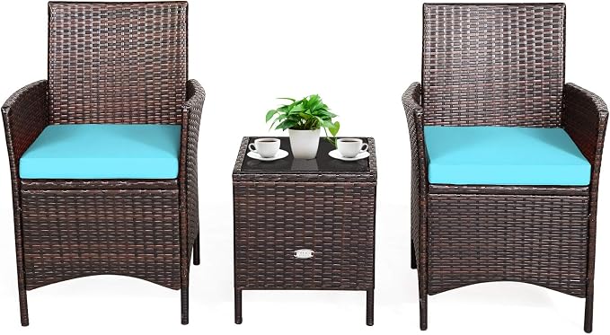 Tangkula 3-Piece Patio Conversation Set, Wicker Chairs with Glass Top Square Coffee Table & Cushions, All-Weather Outdoor Rattan Furniture Set for Garden Backyard Balcony Poolside (Turquoise)