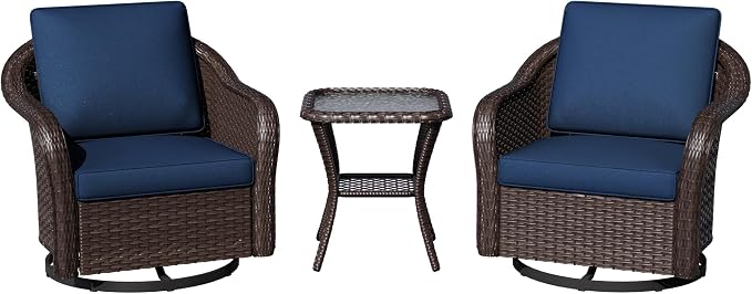 3 Piece Patio Wicker Bistro Set, 2 All-Weather Use Outdoor Wicker Swivel Chairs with PE Rattan Side Table,Ideal for Porch, Backyard, Balcony, Poolside, Blue