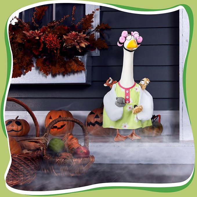 Suzile Funny Lady Porch Goose Outfit for 23'' Cement Goose Curler Wig Costume Glasses with Cute Animals for Holiday Parties Yard Lawn Outdoor Garden Patio Concrete Statue Geese Decoration