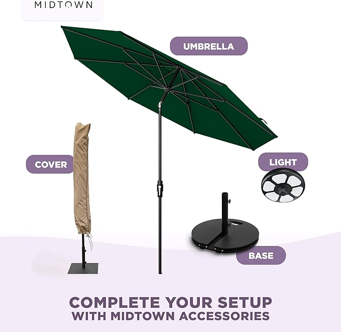 Midtown Umbrellas 9 Feet Aluminum Patio Umbrella With Fiberglass Ribs In Sunbrella Forest Green, Auto-Tilt And 360 Degrees Swivel For Optimal Shade, Kevlar Cord For Long Lasting Use