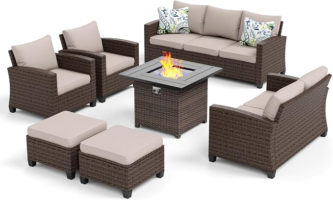 MIXPATIO Patio Furniture Set, 7 Pcs Wicker Outdoor Conversation Set, 2 x Leg Chairs, 1 x 3 Seater Sofa, 1 x 2-Seat Lover Sofa and 2 x Ottomans with 4" Thick Cushion and 32" Fire Pit Table, Beige