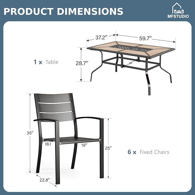 MFSTUDIO Outdoor Dining Set for 6, Metal Patio Table and Chairs Set, 7 Piece Wrought Iron Patio Furniture Dining Set for Deck Backyard Garden