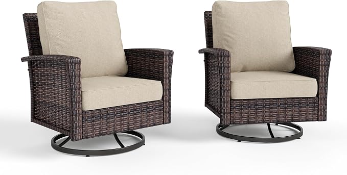 HERA'S HOUSE Outdoor Furniture, 2 x High Back Swivel Patio Chairs with 5.5" Cushions Wicker Rattan Deck Balcony Porch Furniture, Beige
