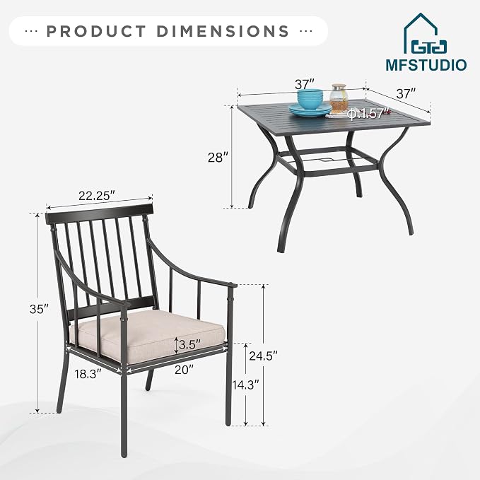 MFSTUDIO 5-Piece Patio Dining Set, 4 Metal Cushioned Chairs, Umbrella Hole | 37" Square Wood-Look Metal Table, Black