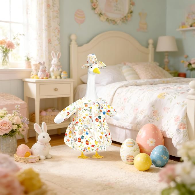 Easter Porch Goose Outfits, Bunny Goose Clothes Fits 17-23 In Statue | Spring Cute Goose Outfit Costume with Hat for Outdoor Garden Patio Yard Lawn Party Plastic Cement Decoration