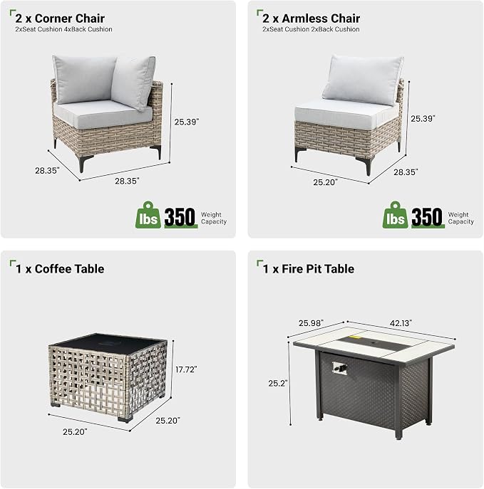 6 Pcs Patio Furniture with Fire Pit Table, Outdoor Rattan Wicker Conversation Set with Glowing Coffee Table, Comfy Sectional Sofa for Porch Balcony Backyard Pool, Light Grey