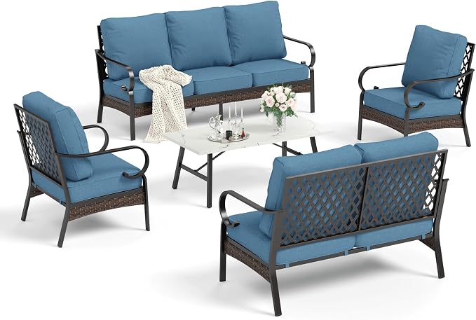 HERA'S HOUSE 5 Piece Metal Patio Furniture Set, 7 Seats All Weather Outdoor Conversation Set, 3 Seat Sofa with Loveseat, 2 Fixed Chairs, Coffee Table for Backyard, Garden, Deck, Navy Blue