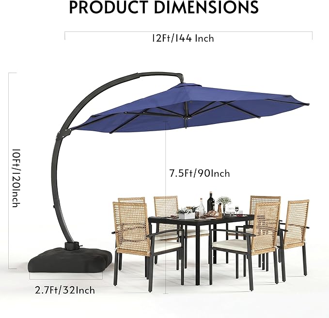 12FT Cantilever Patio Umbrella with Base Included, Large Cantilever umbrella with 360°Rotation, Heavy-Duty Offset Outdoor Umbrella for Patio,Pool,Garden and Backyard (Navy Blue)