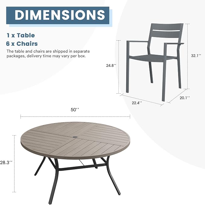 DIFY 7 Piece Outdoor Patio Dining Set for 6, 50" Round Dining Table with Umbrella Hole and Stackable Metal Chairs, Patio Table and Chairs Set for Backyard Garden Poolside, Grey Wood-Like & Grey