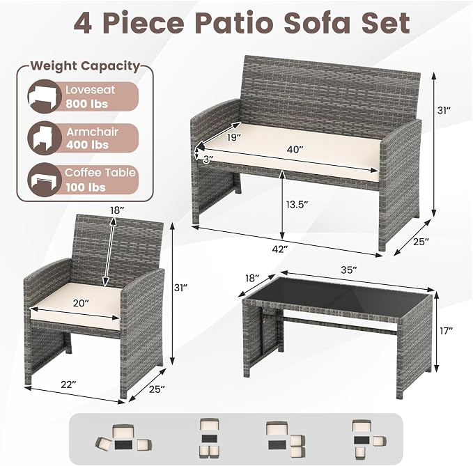 HAPPYGRILL 4 Piece Rattan Wicker Patio Conversation Set, Outdoor Furniture with Chair Loveseat Table & Cushion, for Backyard Porch Balcony (1, Off White)