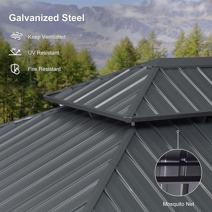 PURPLE LEAF 12' X 28' Hardtop Gazebo with Light Aluminum Gazebo with Galvanized Steel Double Roof for Patio Lawn and Garden Curtains and Netting Included Grey