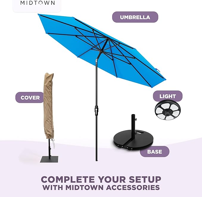 Midtown Umbrellas – The Swilt 10 Ft Patio Umbrellas with 360° Swivel & Tilt Mechanism, 8 Fiberglass Ribs & Terylast Polyester Fabric for Backyard, Deck, Pool & Cafes - Cobalt Canopy, Black Pole