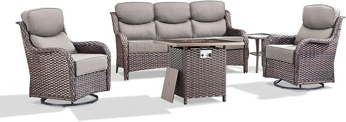 Luxury Patio Furniture Set with 6-inch Thick Cushion, Outdoor Furniture with Fire Pit Table, Swivel Chairs, Side Table, Sofa, 5pcs Wicker Conversation Set for Deck Yard (Brown Wicker | Grey Cushion)