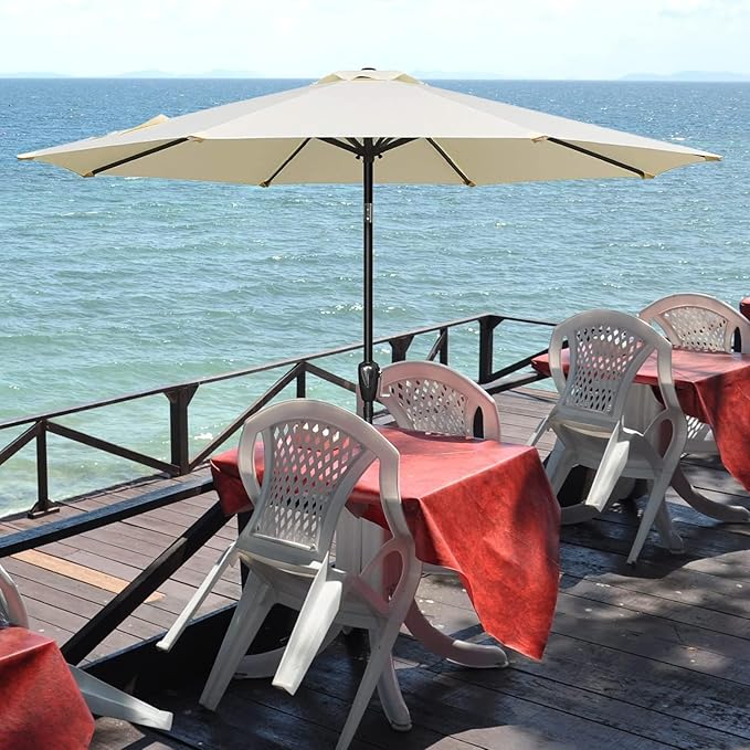 YSSOA 9' Patio Umbrella with 50lbs 20" Capacity Fillable Heavy Duty Round Base, 8 Sturdy Ribs, for Outdoor Lawn, Deck, Poolside, Cream and Black