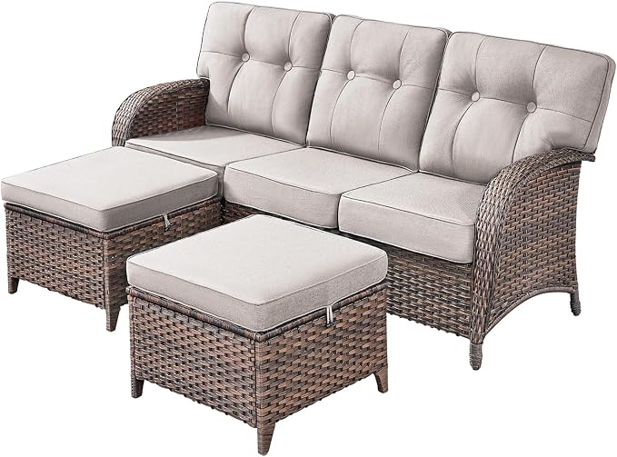 3-Piece Wicker Patio Furniture Set with 5-Inch Thick Cushions Outdoor Hand-Woven Rattan Sofa and Ottomans Set Weather Resistant Conversation Couch for Backyard Porch Garden Brown/Beige