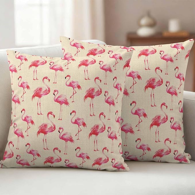 Pink Flamingo Outdoor Pillow Covers 16x16 Inch Throw Pillow Covers Set of 2 Waterproof Decorative Pillow Cases Summer Animals Rustic Cushion Covers for Patio Furniture Garden Couch Sofa