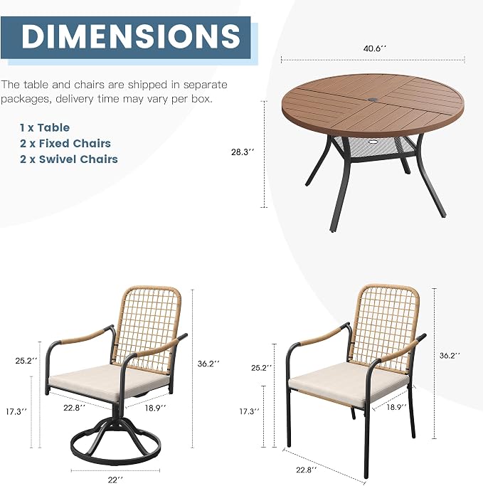 DIFY 5 Pieces Outdoor Dining Set for 4, 40.6" Walnut Round Metal Table with 2 Stackable Wicker Patio Chairs & 2 Swivel Chairs, Patio Furniture Set with Cushions and Umbrella Hole, Wheat Rattan