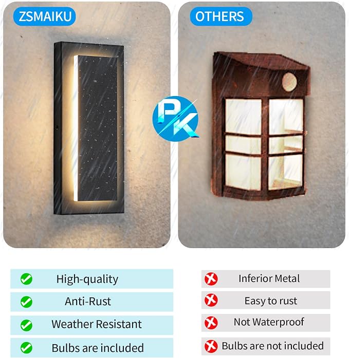 Outdoor Wall Light Black LED Wall Sconces,12 in,9 W | Black, Exterior Light Fixture Wall Mount For Porch,Hallway Front Door,Waterproof LED 3000K Warm White, 360° Angle 1 Pack