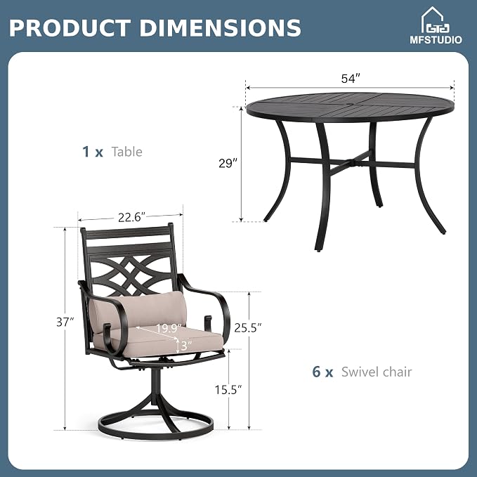 MFSTUDIO 7-Piece Patio Dining Set, 54" Round Metal Table, Swivel Chairs | Umbrella Hole, All-Weather Use