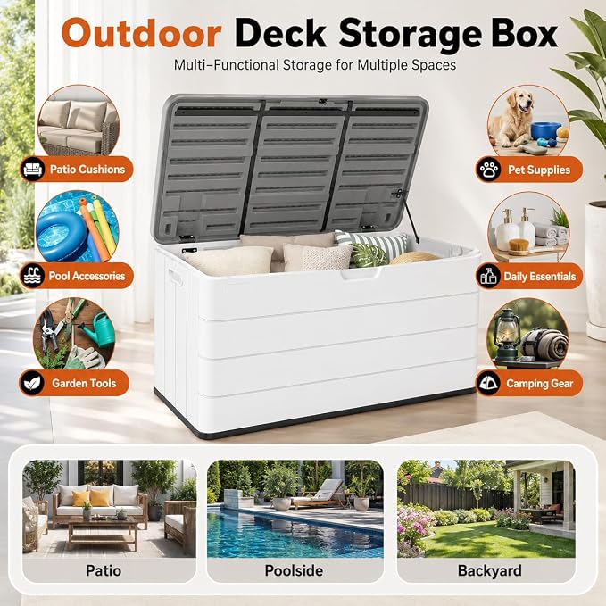 ADDOK 110 Gallon Outdoor Deck Box, Large Waterproof Resin Storage Box with Lid Support Rod, Lockable Lid and Side Handles, Patio Cushion Storage Bench for Poolside, Garden and Backyard, White