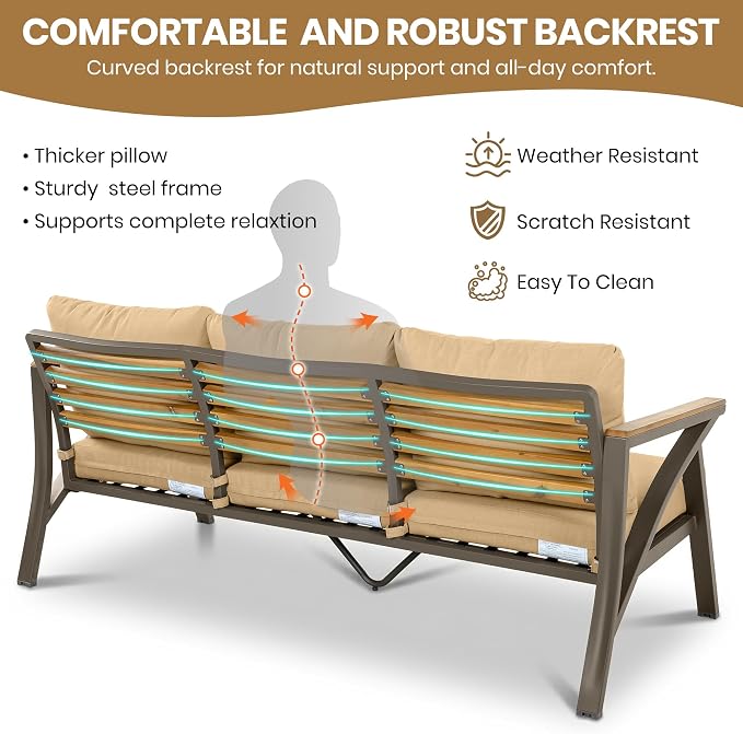 6-Piece Outdoor Patio Furniture Set, All Weather Conversation Set, Steel Frame Sofa Set with 3-Seat Couch, 2 Armchairs, 2 Ottomans & Acacia Wood Coffee Table for Backyard Garden (Brown-3.27)