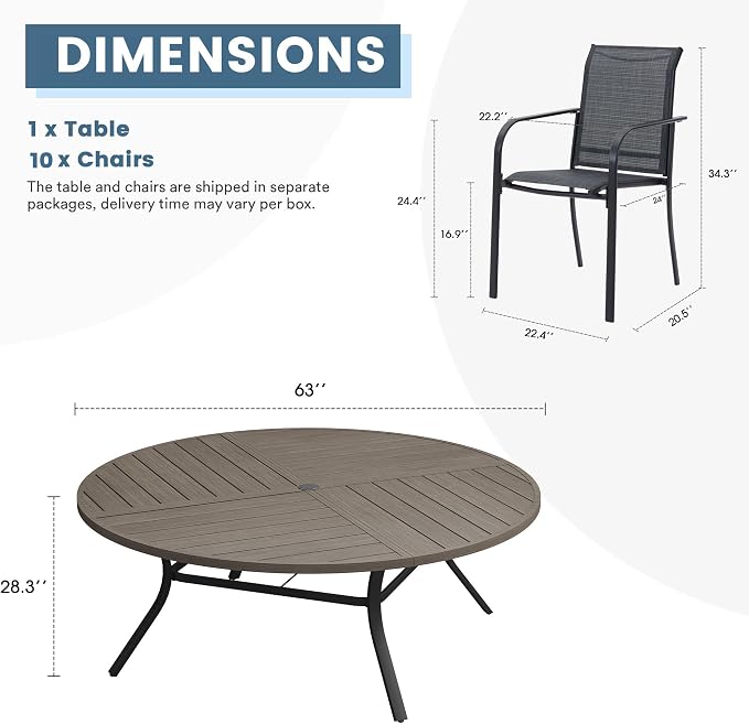 DIFY 11 Pieces Outdoor Patio Dining Set for 10, 63" Grey Wood-Like Round Metal Patio Table and 10 Grey Stackable Textilene Patio Chairs, Outdoor Table and Chairs for Backyard Garden Poolside