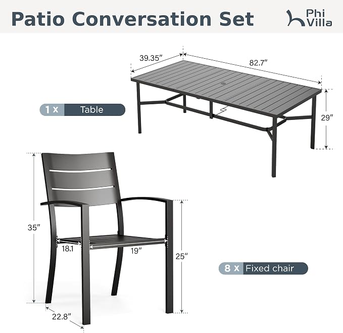 PHI VILLA, 9 Piece, Outdoor Dining Set, 83" Rectangle Metal Table, Black | 83”Black Metal Steel Table with Umbrella Hole & Stackable Iron Chairs, Large Outside Furniture Set for Deck, Yard, Porch