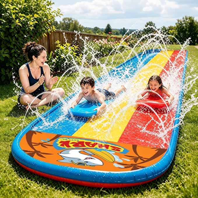 23FT Triple Water Slide with 3 Inflatable Bodyboards, Lawn Slip Splash Slide with Built-in Sprinkler, Backyard Outdoor Summer Water Toy for Kids and Adults