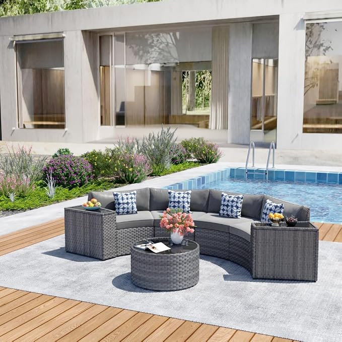 Restland Half Moon Patio Furniture Set with Tables,7 Pieces Wicker Outdoor Sectional Curved Sofas, Round Conversation Set, Grey Rattan
