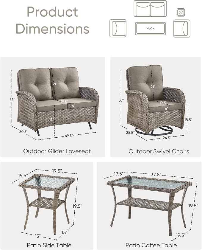 HUMMUH Patio Furniture Wicker Outdoor Furniture Sets High Back Outdoor Glider Bench with Patio Swivel Chairs Patio Conversation Sets for Deck Lawn Porch Balcony Poolside-Grey/Grey