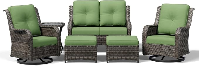 Joyside 6 Piece Wicker Patio Furniture Set, Outdoor Swivel Rocker Patio Chairs with High Back, Deep Seating, Wide Armrest, Thickened Cushions, Outdoor Furniture for Deck, Porch Use
