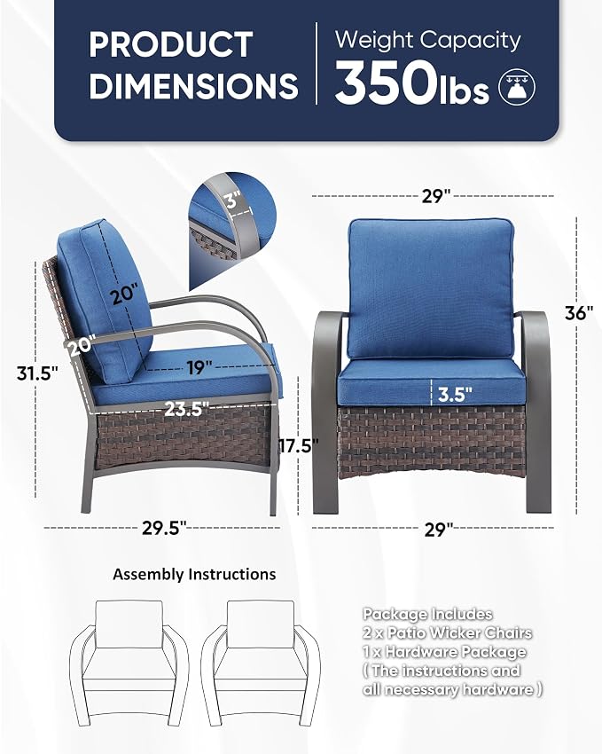 HUMMUH Outdoor Wicker Patio Chairs Set of 2-High Back Patio Dining Chairs Outdoor Patio Chairs for Deck Porch Lawn Garden Backyard-Brown/Blue